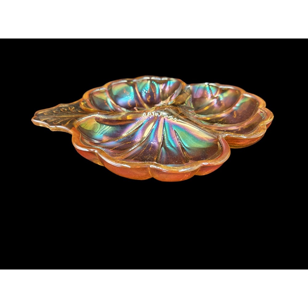 Vintage Jeanette Irridescent Carnival Glass Marigold Divided Clover Candy Dish